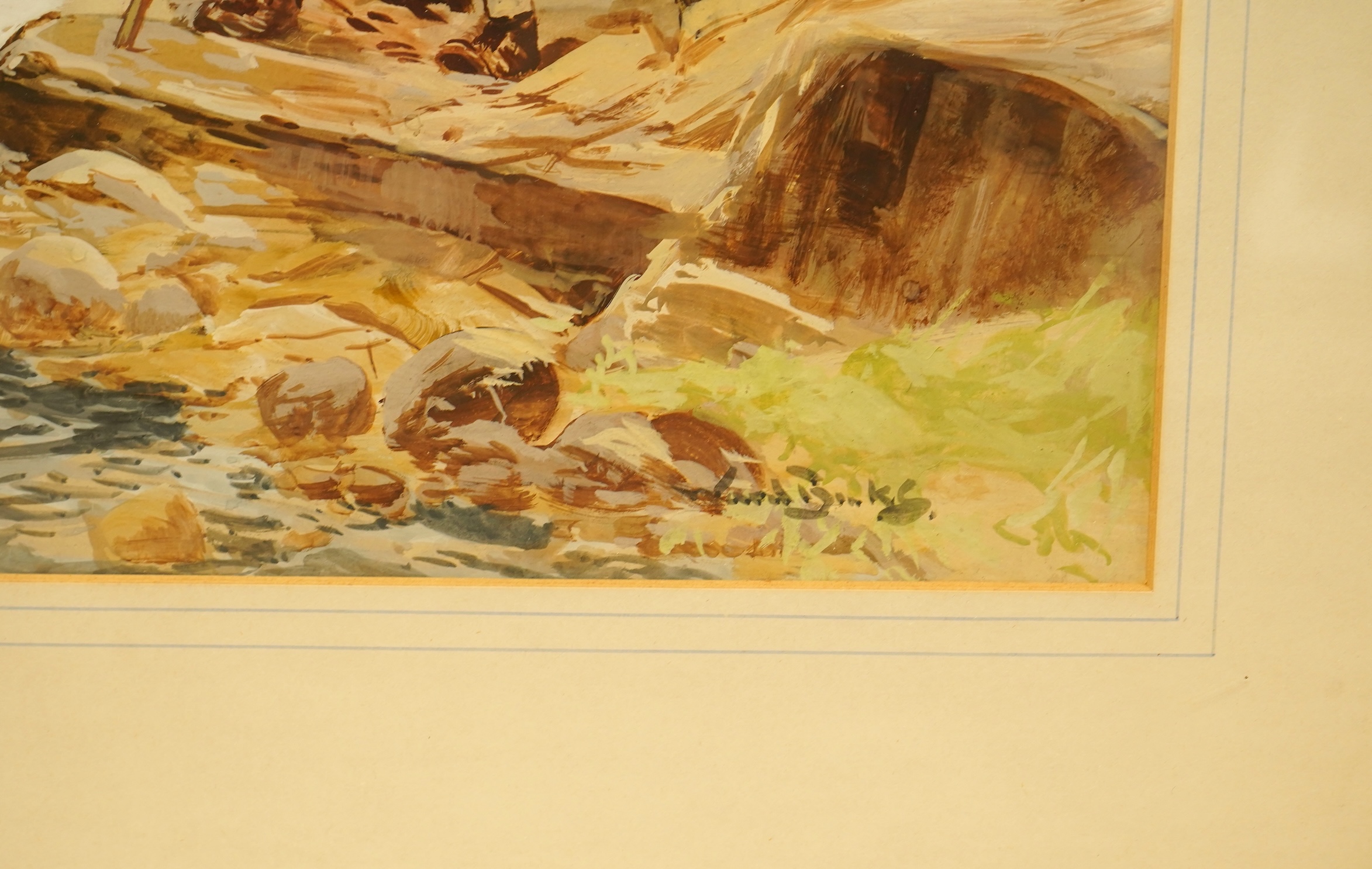 Reuben Ward Binks (1880-1950), Riverscape with anglers, signed, gouache, 44 x 56cm